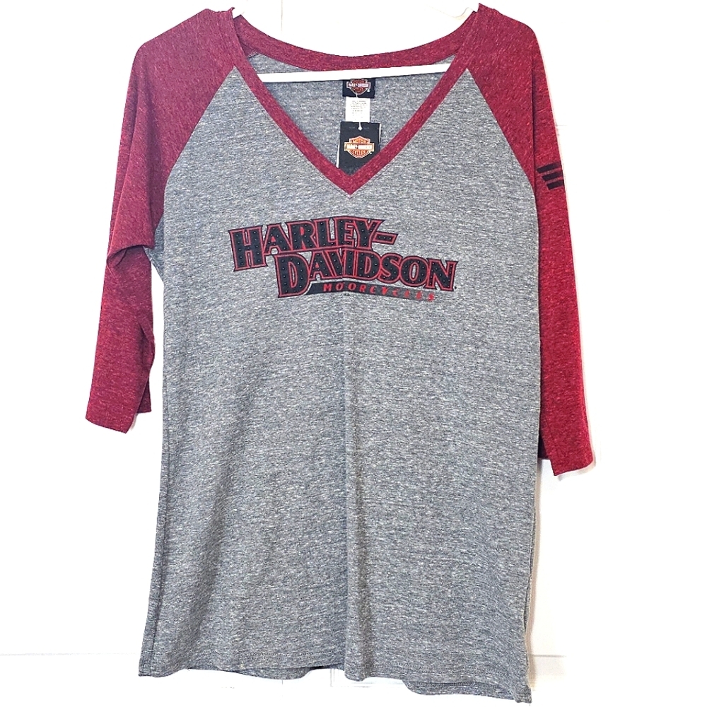 Harley Davidson Durango V-Neck‎ Raglan T-shirt Red/Grey Moto New Medium Logo
